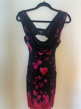 bebe Black & Pink Heart-Print Cowl Neck Mini Dress